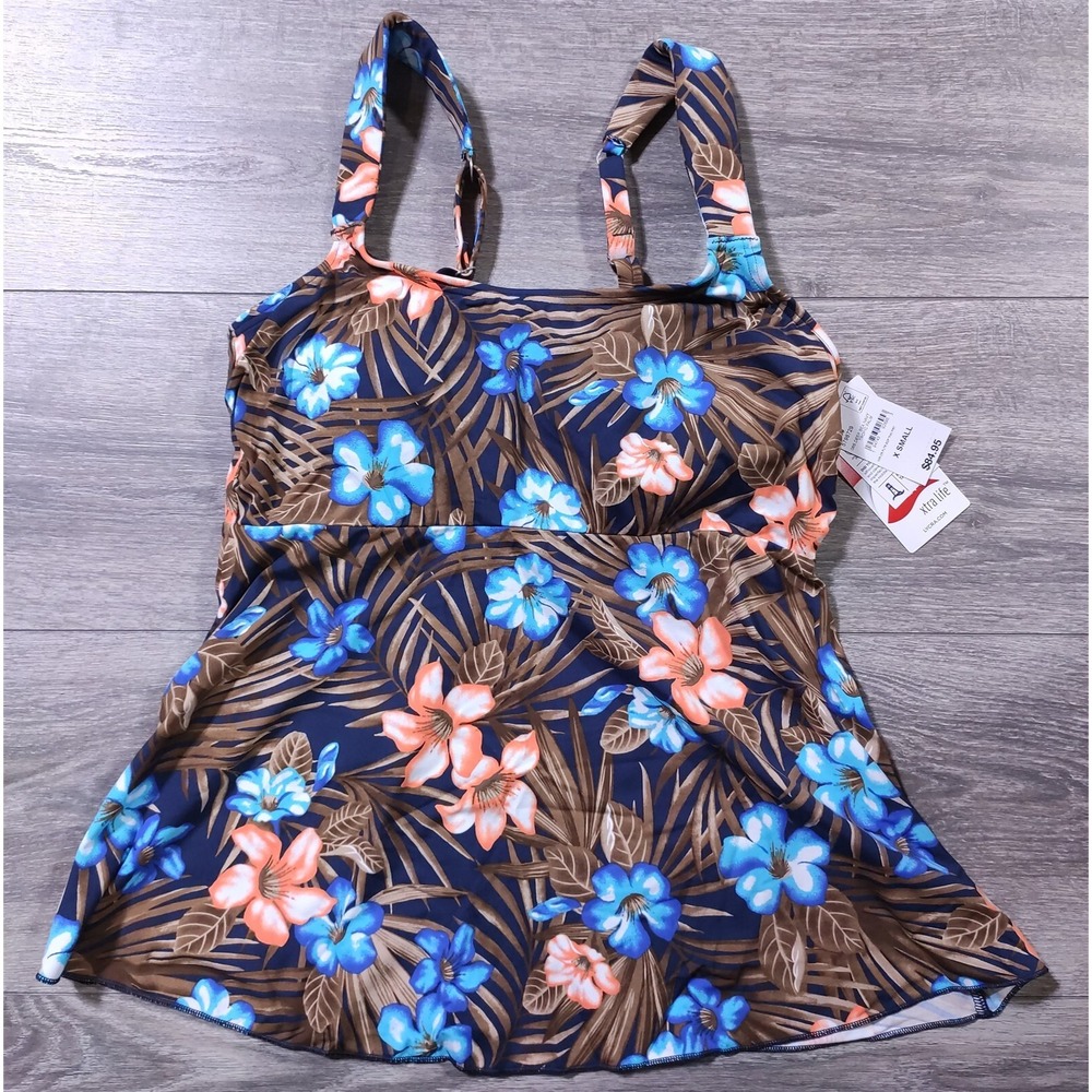 Lands End Flutter Tankini Women XS 2-4 Hawaiian Floral Swim Top 529660 Navy